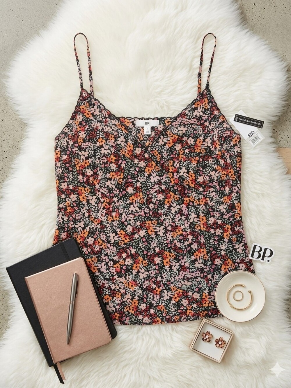 bp Black Floral Spaghetti Strap Cami with Pink & Coral Flowers